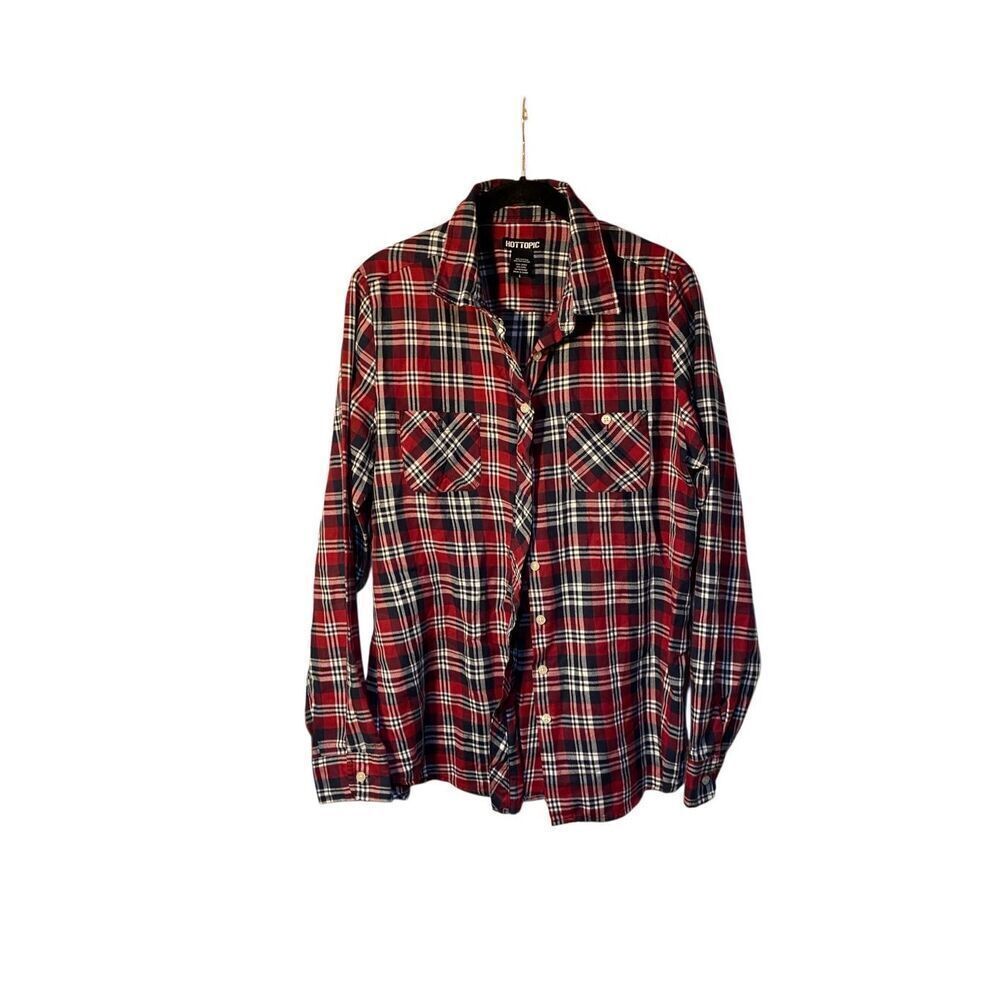Hot topic, women’s red lightweight cotton, blend plaid blouse, size large